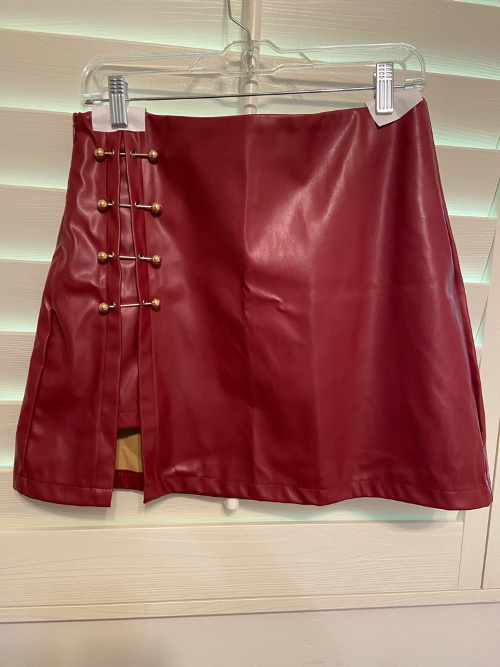 Burgundy Faux Leather Mini Skirt with Metal Button Detail SZ LARGE